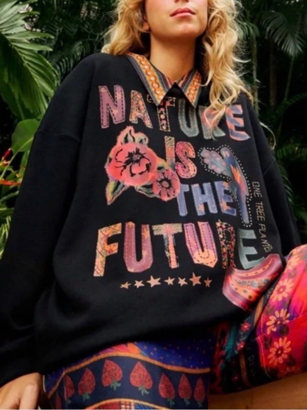 Farm Rio Nature Is The Future Sweatshirt XS Black Embroidered Graphic